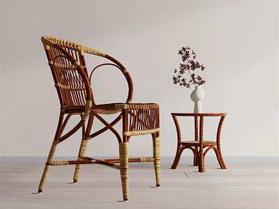 Natural Rattan Lounge Chair With Side Table And Vase Flowers In Living Room Interior 3d model