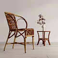 Natural Rattan Lounge Chair With Side Table And Vase Flowers In Living Room Interior