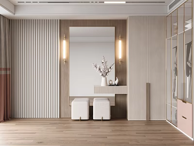 Modern Elegant Walk in Closet Interior Design With Large Mirror Upholstered Stools And Glass Cabinets 3d model