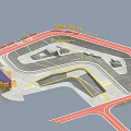 Modern Park Landscape Design With Red Track Curved Paths Entrance Seats And Green Areas