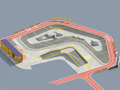 Modern Park Landscape Design With Red Track Curved Paths Entrance Seats And Green Areas 3d model