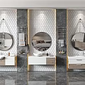 Three Bathroom Vanities With Round Mirrors Hexagonal Tile Walls White Wooden Countertops And Golden Legs
