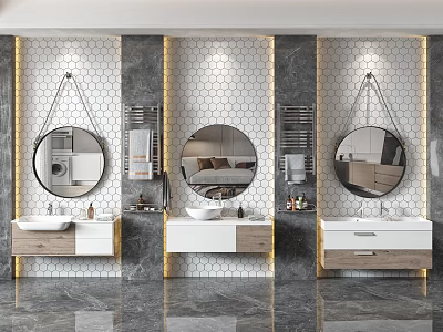 Three Bathroom Vanities With Round Mirrors Hexagonal Tile Walls White Wooden Countertops And Golden Legs 3d model