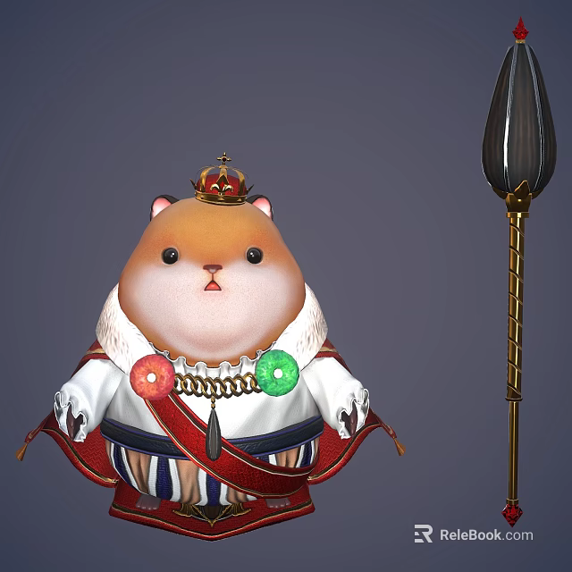 Cute Hamster Character Wearing Ornate Outfit With Crown And Holding Decorative Spear 3d model 