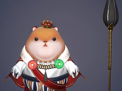 Cute Hamster Character Wearing Ornate Outfit With Crown And Holding Decorative Spear 3d model