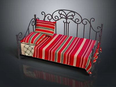 Vintage Iron Bed Frame With Red Striped Bedspread Pillow And Plaid Blanket 3d model
