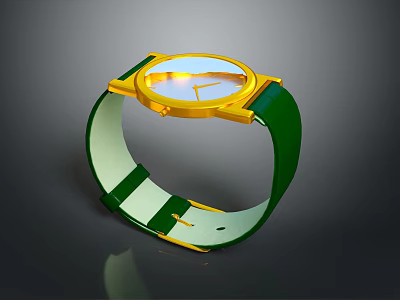 Luxury Watch With Golden Case Green Leather Strap And Shiny Dial 3d model