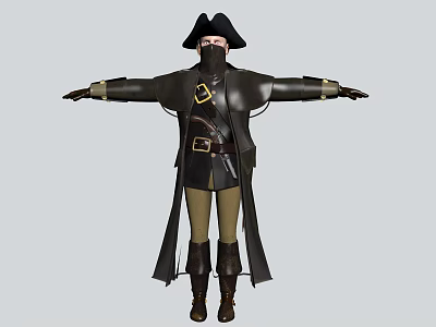 Man Dressed As Pirate With Tricorn Hat Mask And Leather Coat 3d model