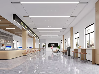 Modern Front Desk Reception Area With Waiting Chairs Bright Lighting And Spacious Lobby 3d model