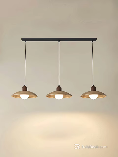 Three Pendant Lights With Wooden Shades Brown Bases And Black Rods On White Wall 3d model 