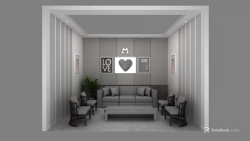 Modern Minimalist Leisure Area Interior With Sofa Chairs Coffee Table And Decorative Paintings 3d model 