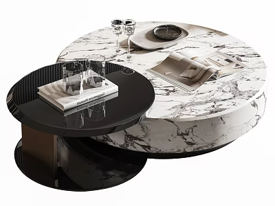 Round Marble Coffee Table With Black Small Table Glassware Magazines And Plate 3d model