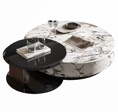 Round Marble Coffee Table With Black Small Table Glassware Magazines And Plate 3d model