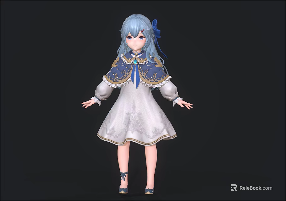 Child with Blue Hair Bow in White Patterned Dress Blue Shawl and Black Shoes 3d model 