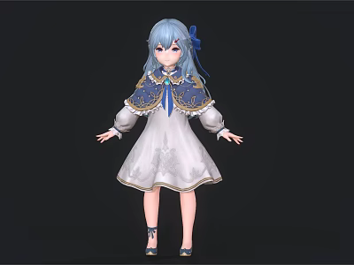 Child with Blue Hair Bow in White Patterned Dress Blue Shawl and Black Shoes 3d model