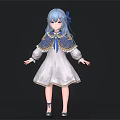 Child with Blue Hair Bow in White Patterned Dress Blue Shawl and Black Shoes