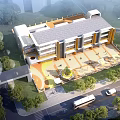 Modern School Building Exterior with Glass Curtain Walls Yellow Accents Green Lawn Trees and Flowers