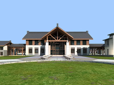 Traditional Style Detached Villa With Tiled Roof Wooden Beam Entrance And Spacious Lawn 3d model