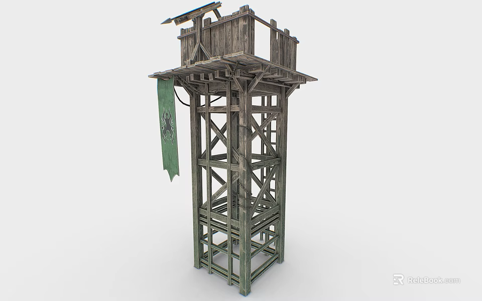 Rustic Wooden Watchtower With Green Flag And Elevated Frame Structure Design 3d model