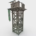 Rustic Wooden Watchtower With Green Flag And Elevated Frame Structure Design 3d model