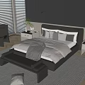 Modern Double Bed Interior With Gray Pillows Blanket Nightstands Dark Wall And Chair