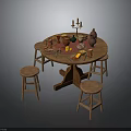 Round Wooden Dining Table With Surrounding Wooden Stools Tableware Fruits Candleholder And Clay Vase