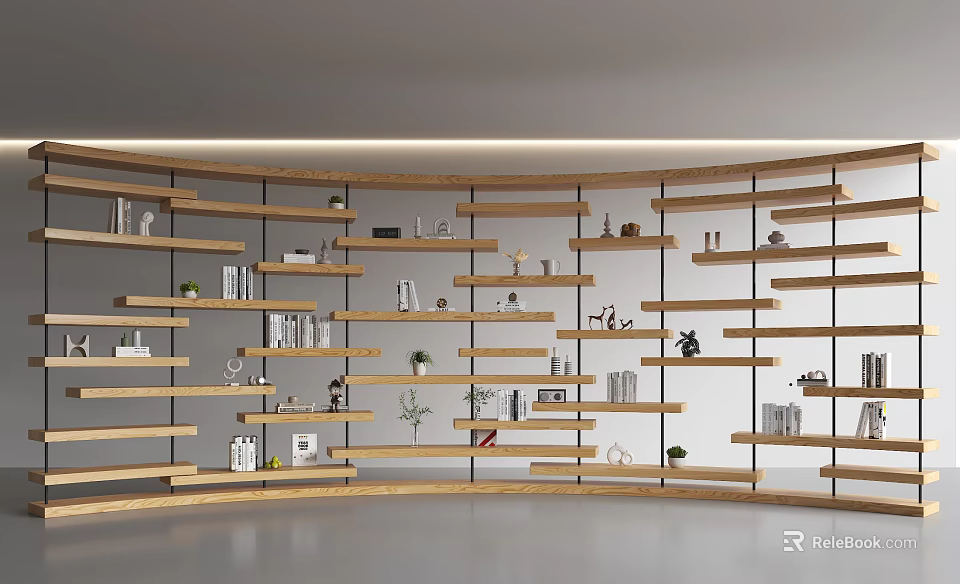 Modern Wooden Bookshelf Interior Design With Multiple Shelves Books Decorative Items And Plants 3d model 