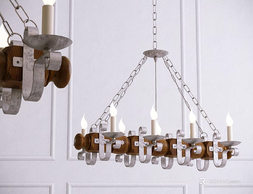 Rustic Wooden And Metal Candle Chandelier Hanging On White Paneled Wall 3d model 