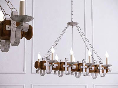 Rustic Wooden And Metal Candle Chandelier Hanging On White Paneled Wall 3d model