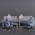 Two Modern Office Desks With Transparent Divider Screens And Ergonomic Blue Chairs