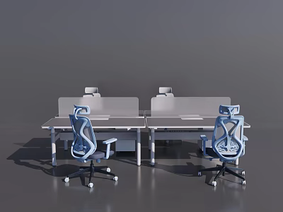 Two Modern Office Desks With Transparent Divider Screens And Ergonomic Blue Chairs 3d model