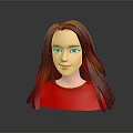 3D Character Model With Long Red Orange Gradient Hair And Red Top