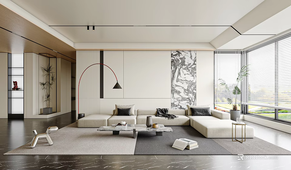 Modern Contemporary Living Room Interior With L Shaped Sofa Abstract Wall Art And Floor Lamp 3d model 