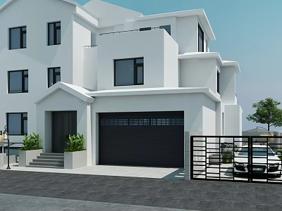 Modern White Two Story Detached Villa With Black Garage Door Green Plants And Iron Gate 3d model