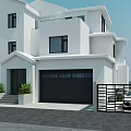 Modern White Two Story Detached Villa With Black Garage Door Green Plants And Iron Gate