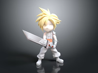 Chibi Style Character With Spiky Blonde Hair Holding Large Sword White Outfit And White Shoes 3d model