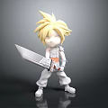 Chibi Style Character With Spiky Blonde Hair Holding Large Sword White Outfit And White Shoes