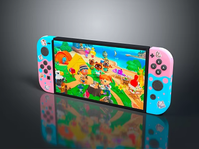 Game Console With Colorful Controllers Displaying Vibrant Cartoon Game Scene On Screen 3d model