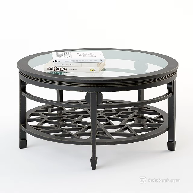Functional Round Coffee Table With Glass Top And Black Metal Lattice Base 3d model 
