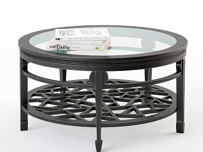 Functional Round Coffee Table With Glass Top And Black Metal Lattice Base 3d model