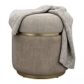 Elegant Round Ottoman Light Gray And Beige With Gold Metal Rings And Soft Blanket