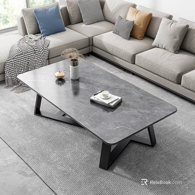 Modern Gray L Shaped Sofa Coffee Table Set With Throw Pillows Blanket And Marble Top 3d model