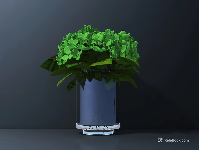 Green Hydrangea Flowers In Dark Blue Vase On Gray Surface With Dark Background 3d model 