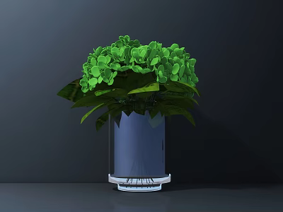 Green Hydrangea Flowers In Dark Blue Vase On Gray Surface With Dark Background 3d model