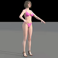 A Woman In Pink Bikini With Short Hair Standing In Gray Background Wearing High Heels