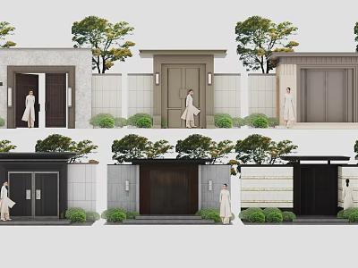Elegant Modern Front Gate with Wooden Metal Doors Greenery and Trees 3d model