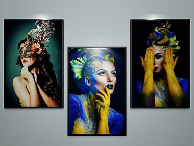 Three Vibrant Female Portrait Paintings with Decorative Headdresses and Hand Gestures 3d model