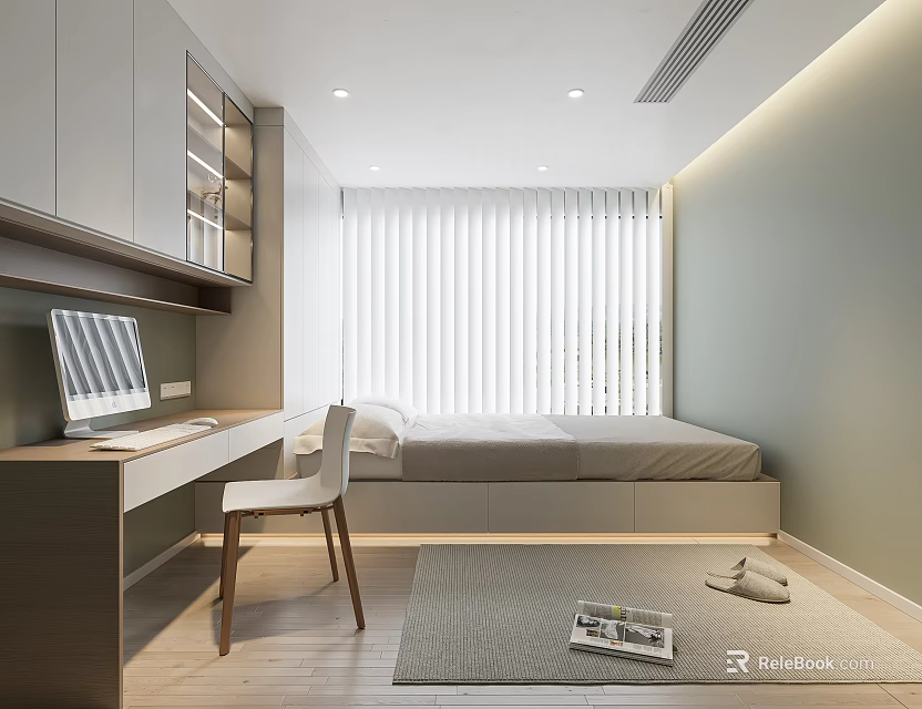 Modern Tatami Bedroom Interior Design With Desk Chair Window Blinds Storage And Rug 3d model 