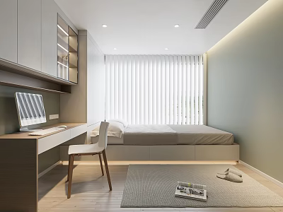 Modern Tatami Bedroom Interior Design With Desk Chair Window Blinds Storage And Rug 3d model
