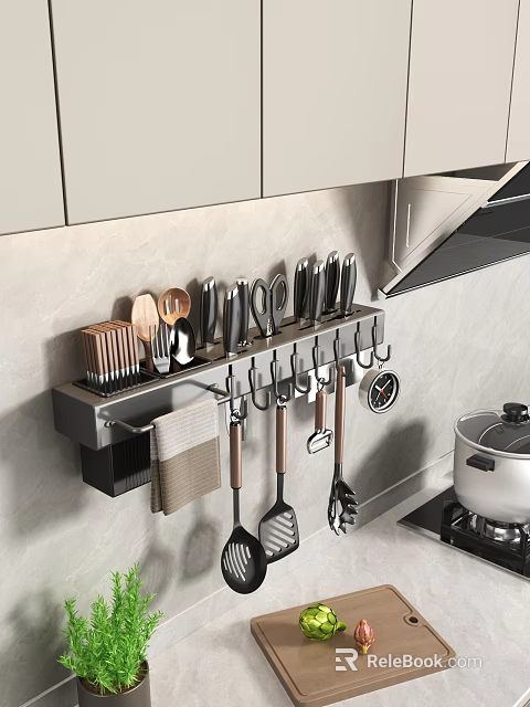 Stainless Steel Wall Mounted Kitchen Utensil Rack With Multiple Tools 3d model 